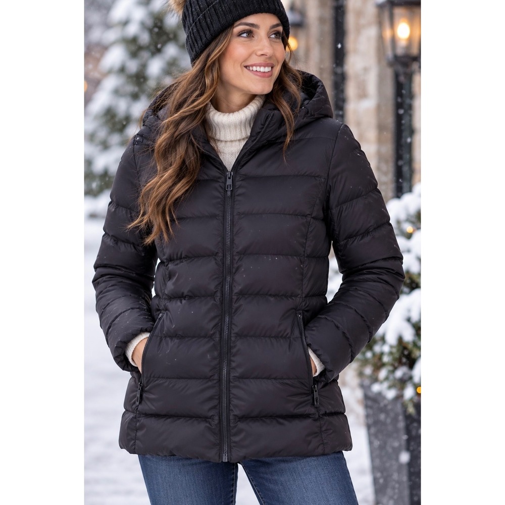 32 Degrees Black Puffer Jacket Large Hooded Quilted Full Zip Insulated Coat